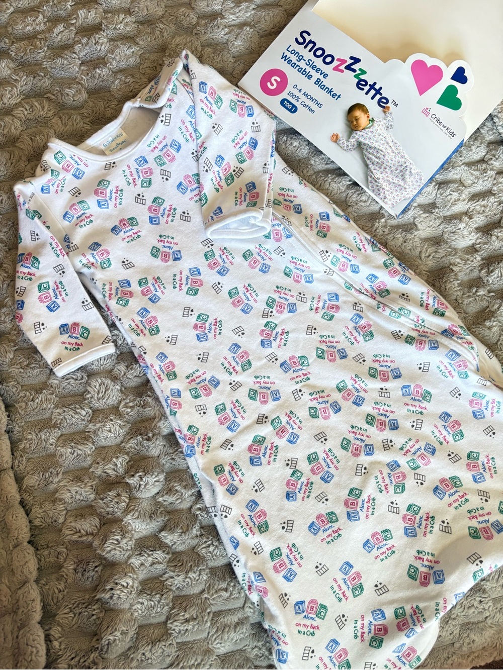 Snoozzette White Baby Sleep Sack with Pink & Blue Block Print - Small